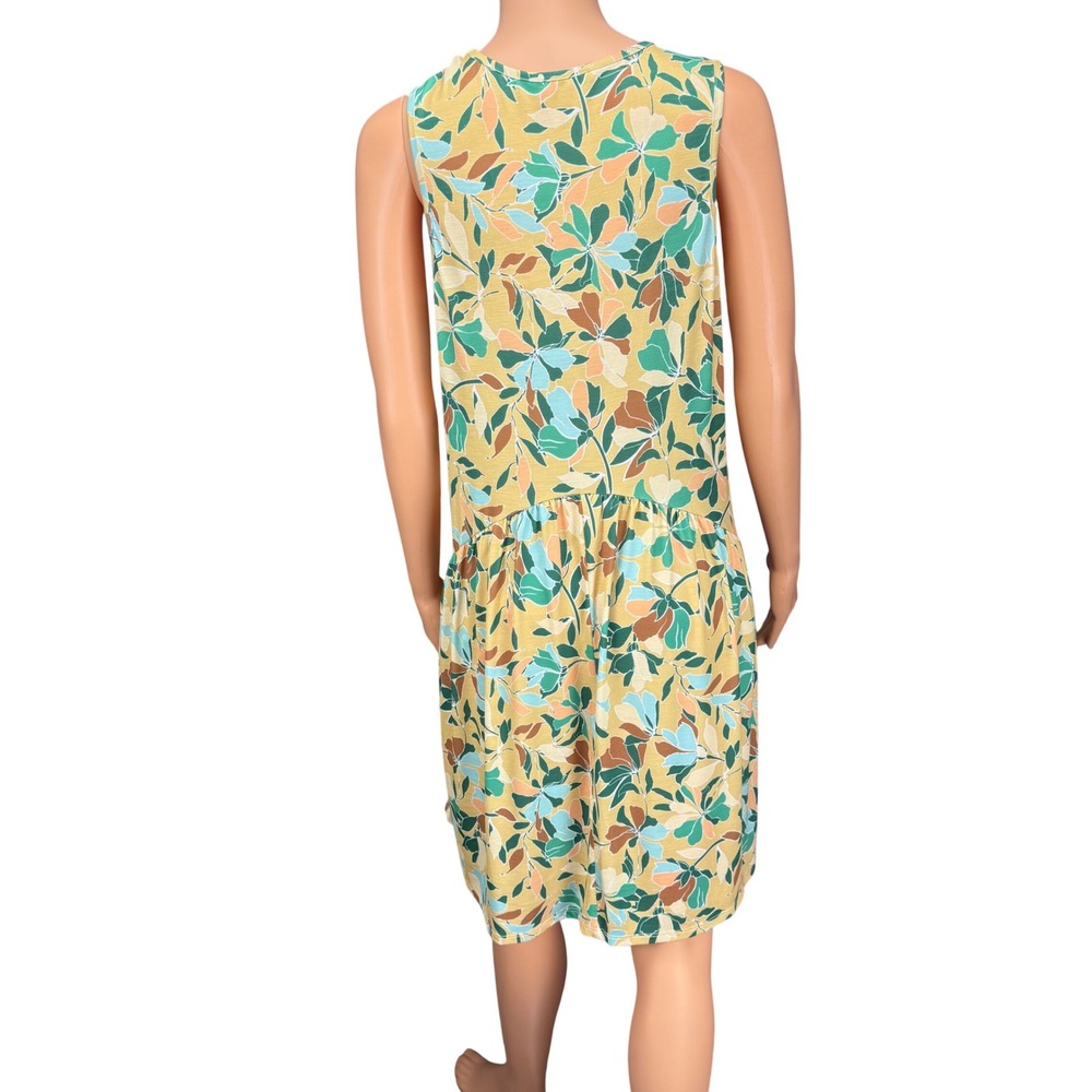 BOMBOM Yellow Green Floral Leaf Print Babydoll Dress Small DA1408 USA Made - Picture 2 of 10